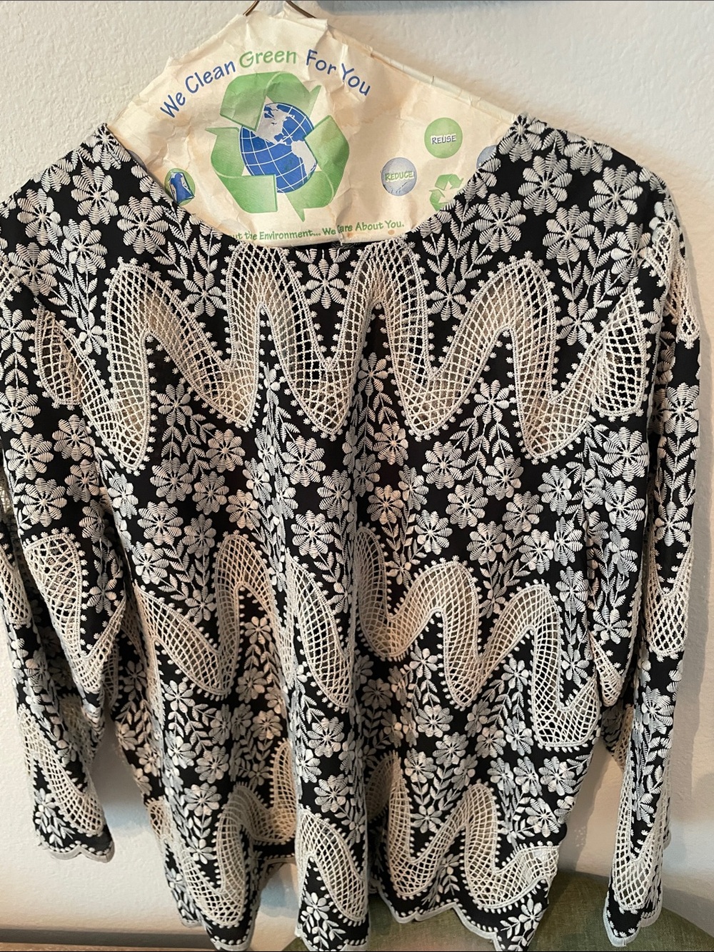 Beige Black Top with White Floral Embroidery and Crochet Accents jjill